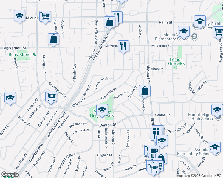 map of restaurants, bars, coffee shops, grocery stores, and more near 1992 Ensenada Street in Lemon Grove