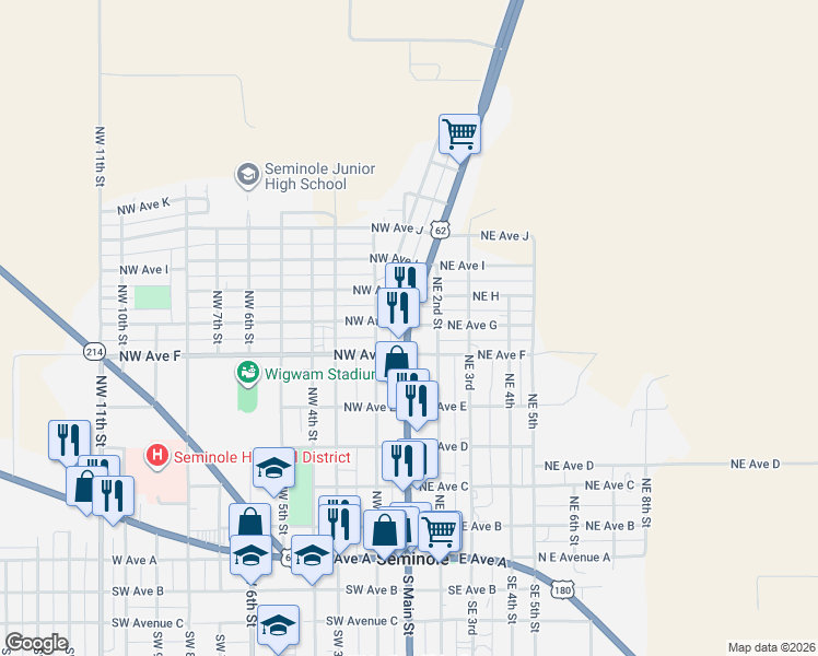 map of restaurants, bars, coffee shops, grocery stores, and more near 623 North Main Street in Seminole