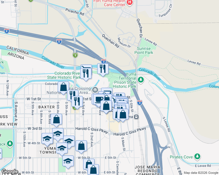 map of restaurants, bars, coffee shops, grocery stores, and more near 242 North Madison Avenue in Yuma