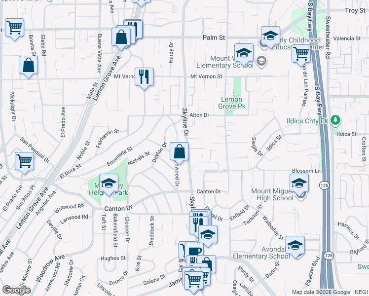 map of restaurants, bars, coffee shops, grocery stores, and more near 1940 Skyline Drive in Lemon Grove