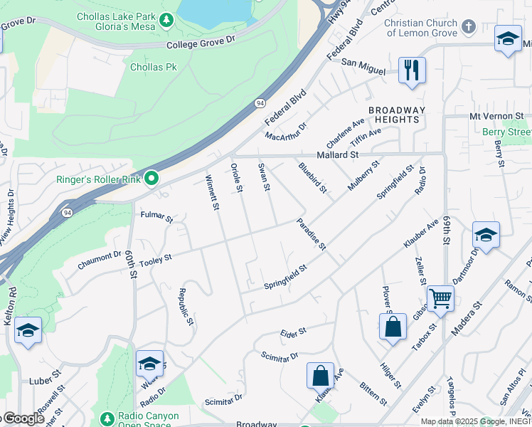 map of restaurants, bars, coffee shops, grocery stores, and more near 2012 Swan Street in San Diego