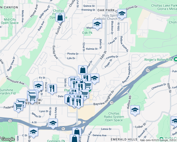 map of restaurants, bars, coffee shops, grocery stores, and more near 2052 54th Frontage Street in San Diego