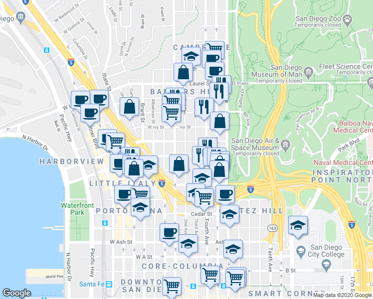 map of restaurants, bars, coffee shops, grocery stores, and more near in San Diego