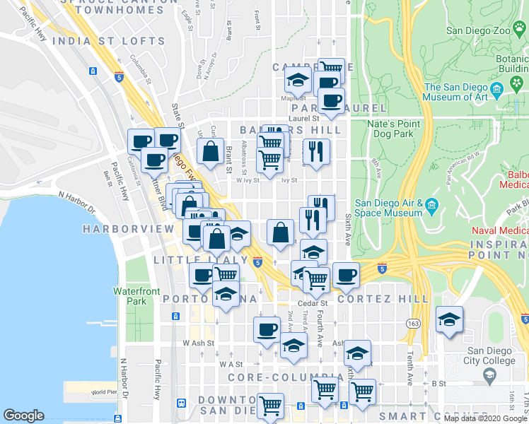 map of restaurants, bars, coffee shops, grocery stores, and more near in San Diego