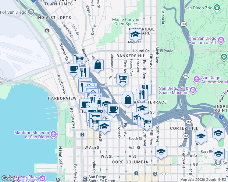 map of restaurants, bars, coffee shops, grocery stores, and more near in San Diego