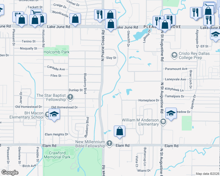 map of restaurants, bars, coffee shops, grocery stores, and more near 800 North Prairie Creek Road in Dallas