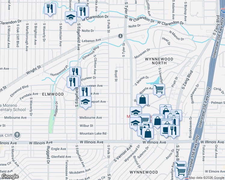 map of restaurants, bars, coffee shops, grocery stores, and more near 1102 Brunner Avenue in Dallas
