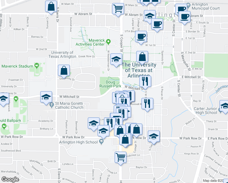 map of restaurants, bars, coffee shops, grocery stores, and more near 701 West Mitchell Street in Arlington