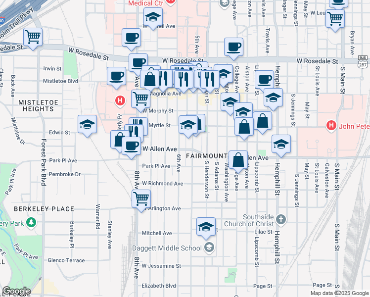 map of restaurants, bars, coffee shops, grocery stores, and more near 1630 5th Avenue in Fort Worth