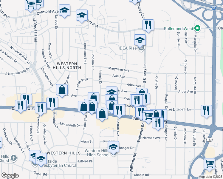 map of restaurants, bars, coffee shops, grocery stores, and more near 8110 Tanner Avenue in Fort Worth