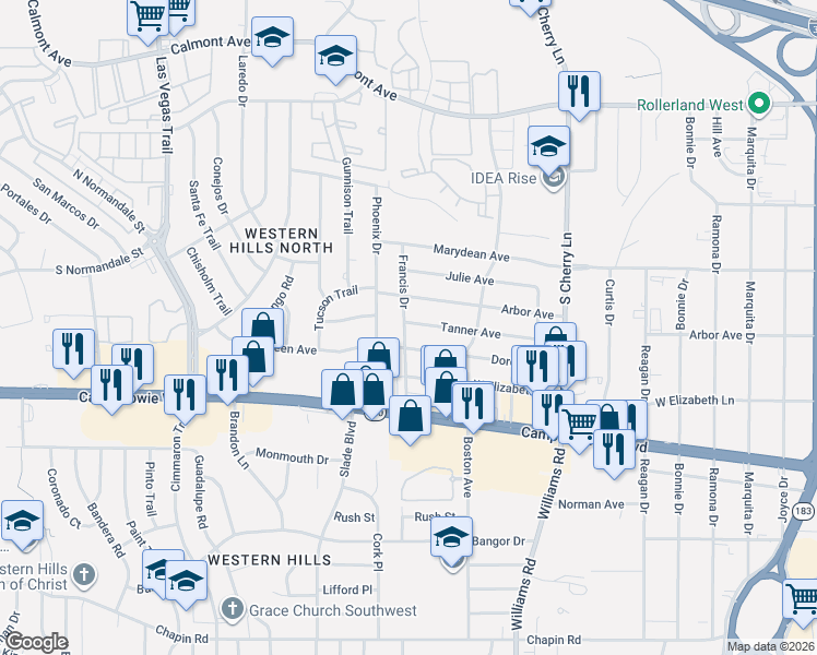 map of restaurants, bars, coffee shops, grocery stores, and more near 8120 Tanner Avenue in Fort Worth
