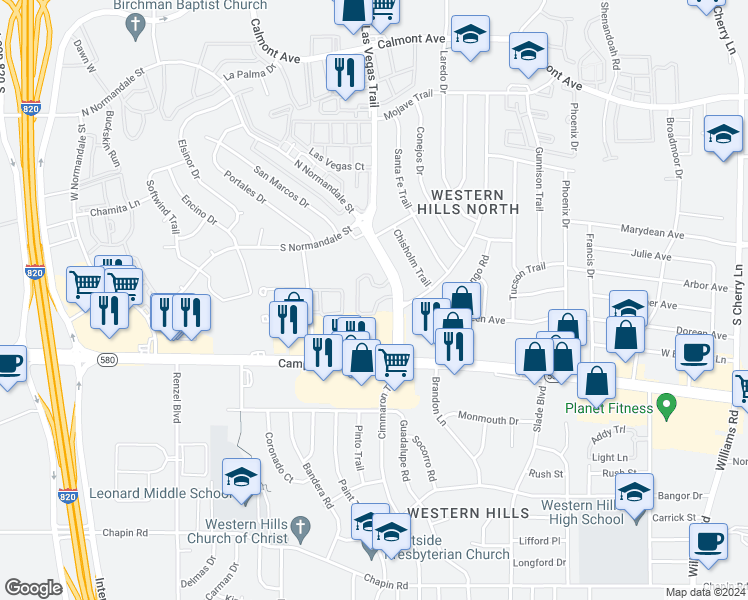 map of restaurants, bars, coffee shops, grocery stores, and more near 3220 Las Vegas Trail in Fort Worth