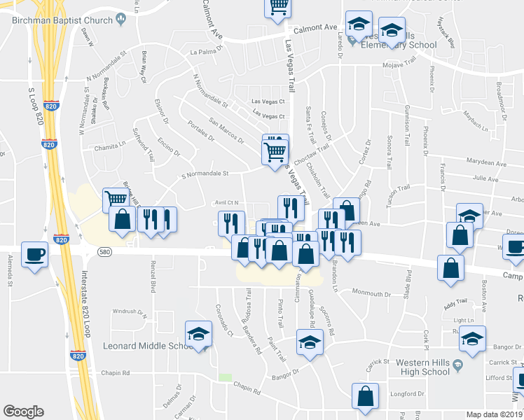 map of restaurants, bars, coffee shops, grocery stores, and more near 3205 Hunter Park Circle in Fort Worth