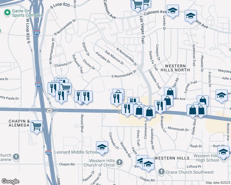 map of restaurants, bars, coffee shops, grocery stores, and more near 8803 Avril Court North in Fort Worth
