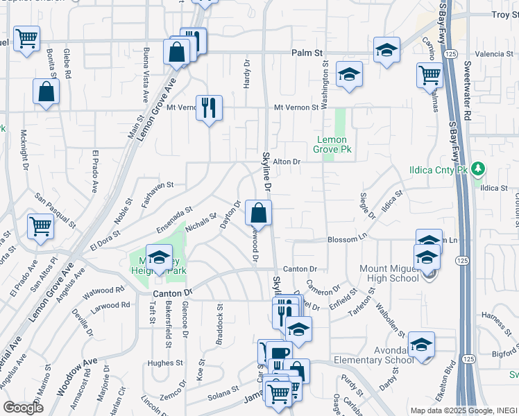 map of restaurants, bars, coffee shops, grocery stores, and more near 1915 Englewood Drive in Lemon Grove