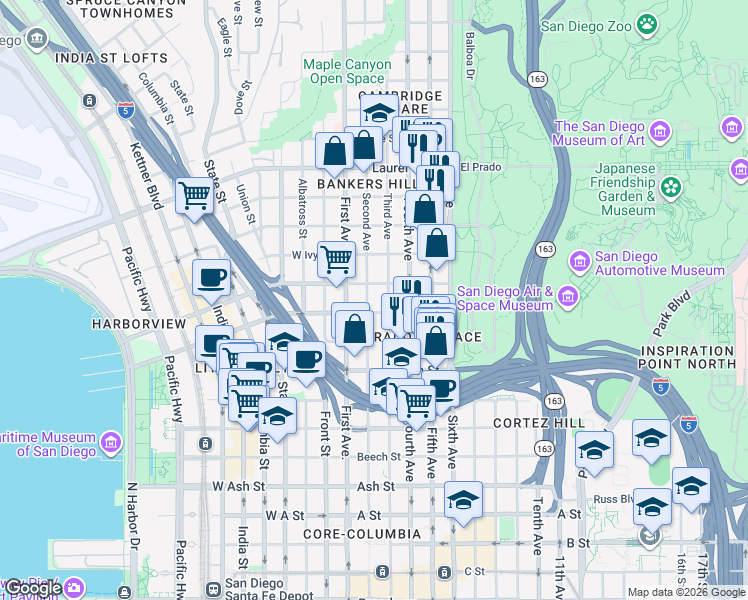 map of restaurants, bars, coffee shops, grocery stores, and more near 2031 2nd Street in Coronado