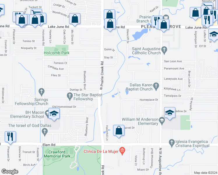 map of restaurants, bars, coffee shops, grocery stores, and more near 800 North Prairie Creek Road in Dallas