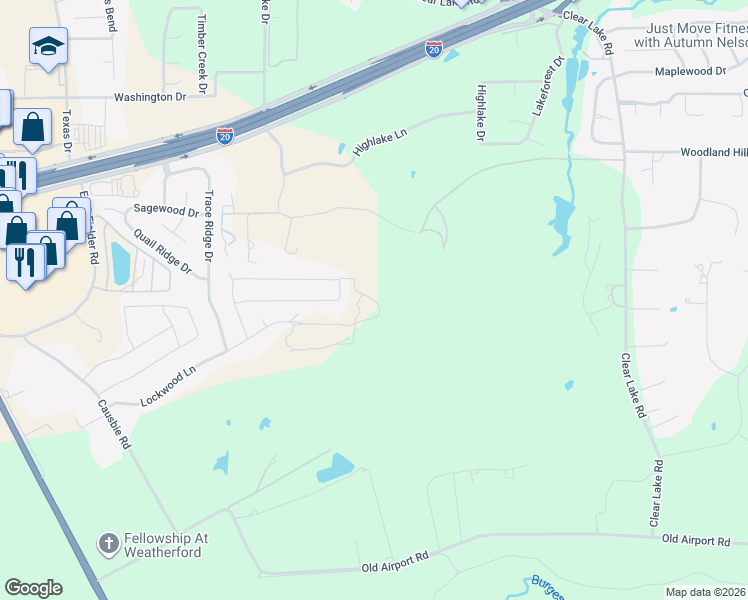 map of restaurants, bars, coffee shops, grocery stores, and more near 670 Ethan Drive in Weatherford