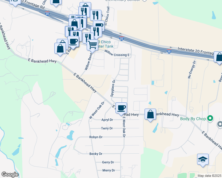 map of restaurants, bars, coffee shops, grocery stores, and more near 322 Spyglass Drive in Willow Park