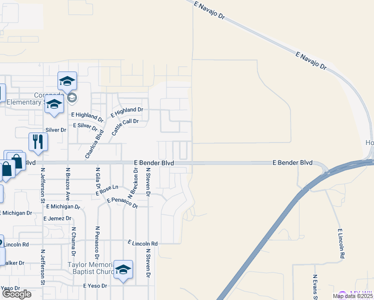 map of restaurants, bars, coffee shops, grocery stores, and more near 2315 North Mulberry Lane in Hobbs