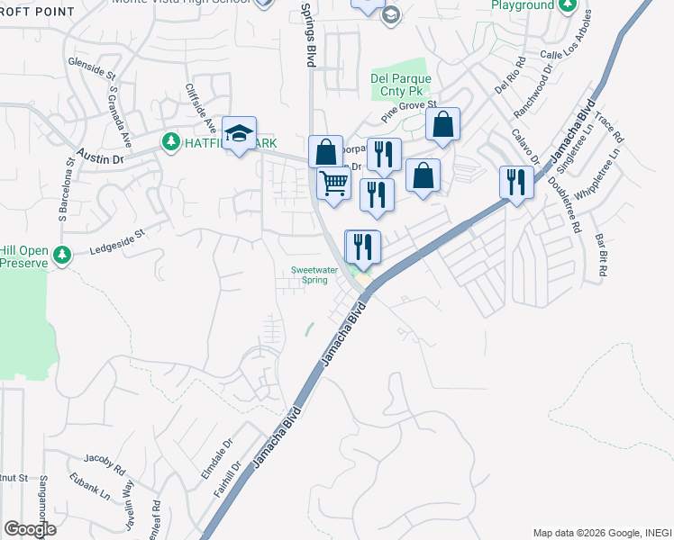 map of restaurants, bars, coffee shops, grocery stores, and more near in Spring Valley