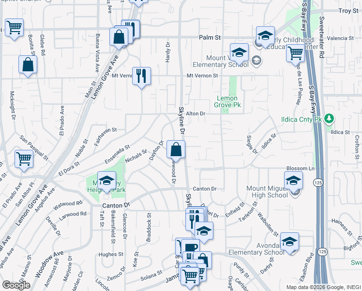 map of restaurants, bars, coffee shops, grocery stores, and more near 1940 Skyline Drive in Lemon Grove