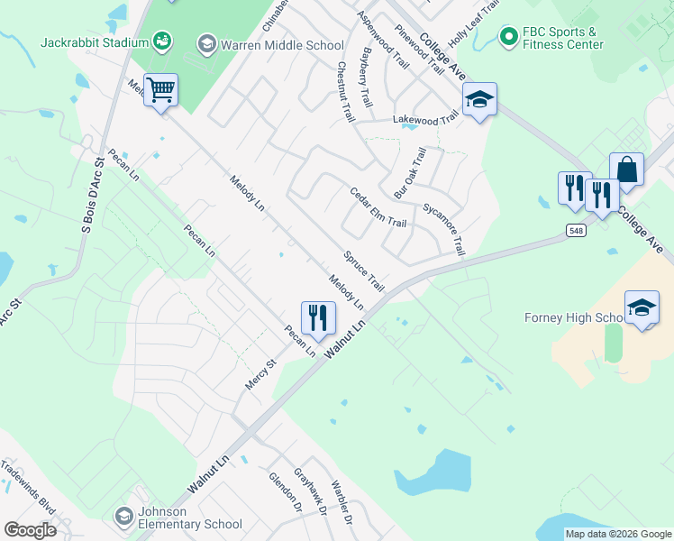 map of restaurants, bars, coffee shops, grocery stores, and more near 14787 Melody Lane in Forney