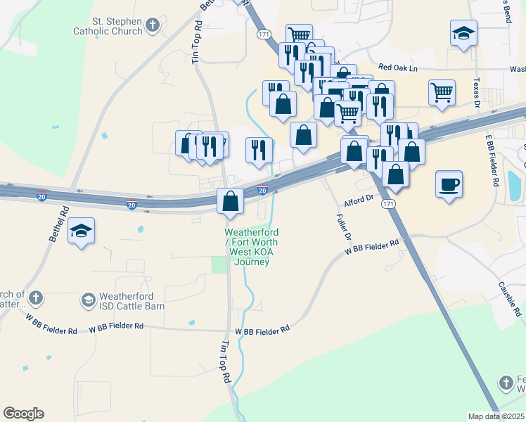map of restaurants, bars, coffee shops, grocery stores, and more near 221 Interstate 20 Service Road in Weatherford