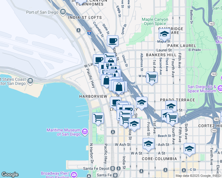map of restaurants, bars, coffee shops, grocery stores, and more near 2155 Kettner Boulevard in San Diego