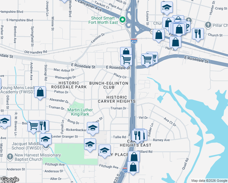 map of restaurants, bars, coffee shops, grocery stores, and more near in Fort Worth
