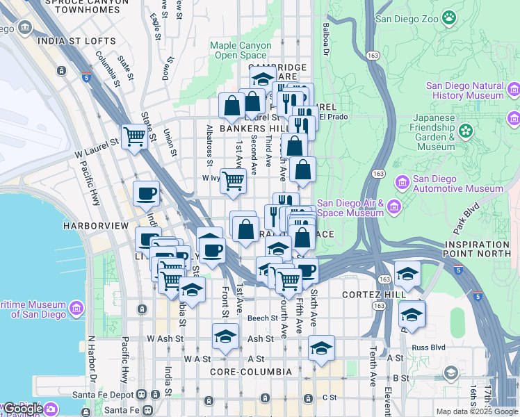 map of restaurants, bars, coffee shops, grocery stores, and more near 2072 Third Avenue in San Diego