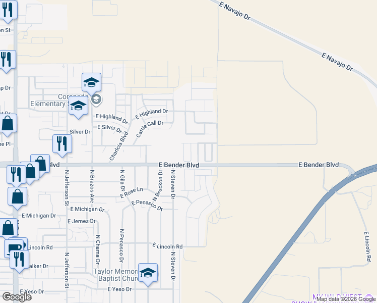 map of restaurants, bars, coffee shops, grocery stores, and more near 2319 North Desert Willow Lane in Hobbs