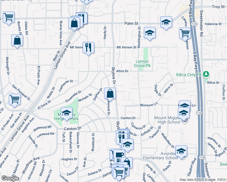 map of restaurants, bars, coffee shops, grocery stores, and more near 1916 Skyline Drive in Lemon Grove