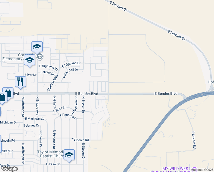 map of restaurants, bars, coffee shops, grocery stores, and more near 2318 North Mulberry Lane in Hobbs