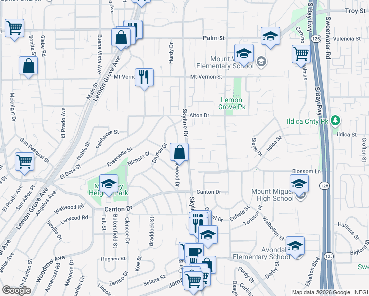 map of restaurants, bars, coffee shops, grocery stores, and more near 1916 Skyline Drive in Lemon Grove