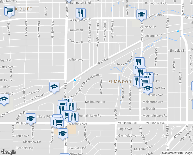 map of restaurants, bars, coffee shops, grocery stores, and more near 1918 Elmwood Boulevard in Dallas