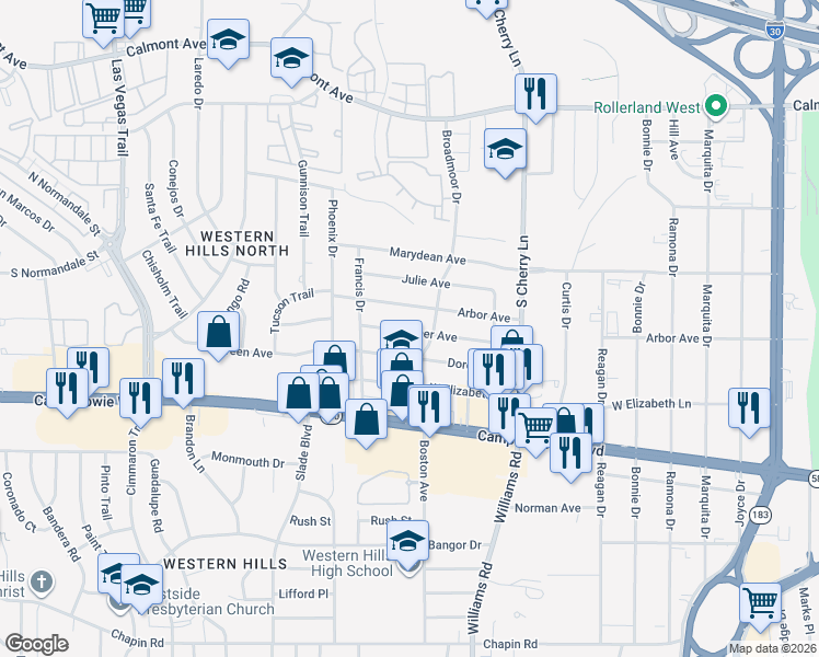 map of restaurants, bars, coffee shops, grocery stores, and more near 8114 Tanner Avenue in Fort Worth