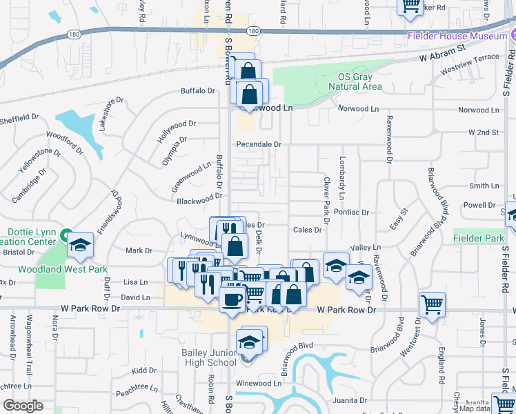 map of restaurants, bars, coffee shops, grocery stores, and more near 2403 Strait Lane in Arlington
