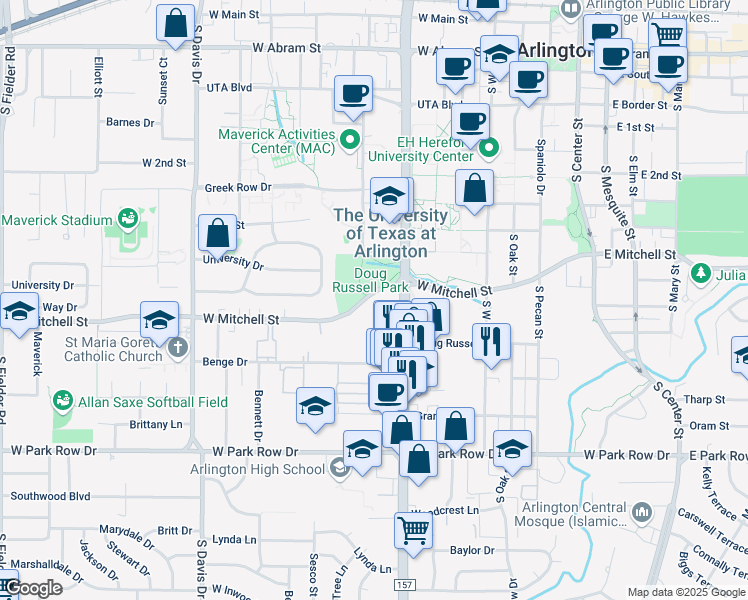 map of restaurants, bars, coffee shops, grocery stores, and more near 701 West Mitchell Street in Arlington