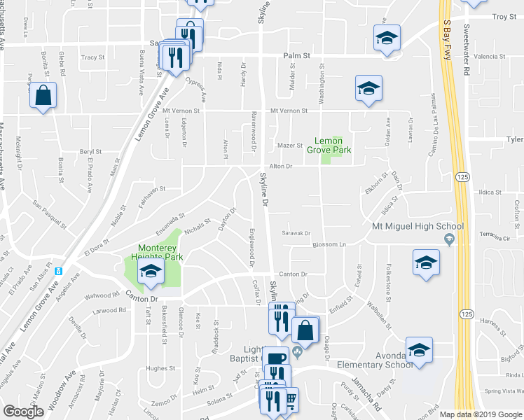 map of restaurants, bars, coffee shops, grocery stores, and more near 1940 Skyline Drive in Lemon Grove