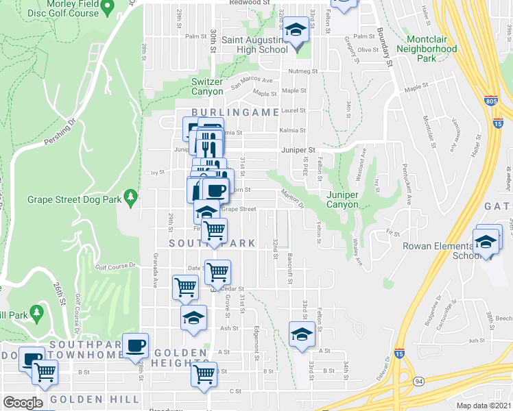 map of restaurants, bars, coffee shops, grocery stores, and more near 3166 Grape Street in San Diego