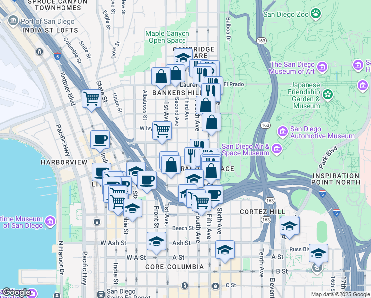 map of restaurants, bars, coffee shops, grocery stores, and more near 2072 Third Avenue in San Diego