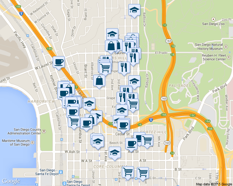 map of restaurants, bars, coffee shops, grocery stores, and more near 2072 Third Avenue in San Diego