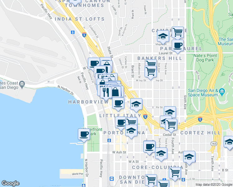 map of restaurants, bars, coffee shops, grocery stores, and more near 2159 India Street in San Diego