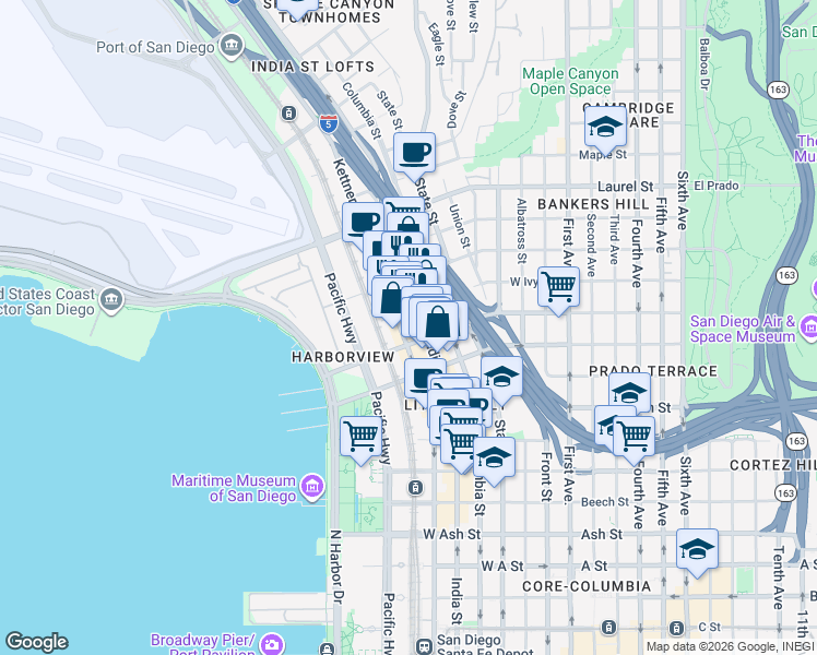 map of restaurants, bars, coffee shops, grocery stores, and more near 2159 India Street in San Diego