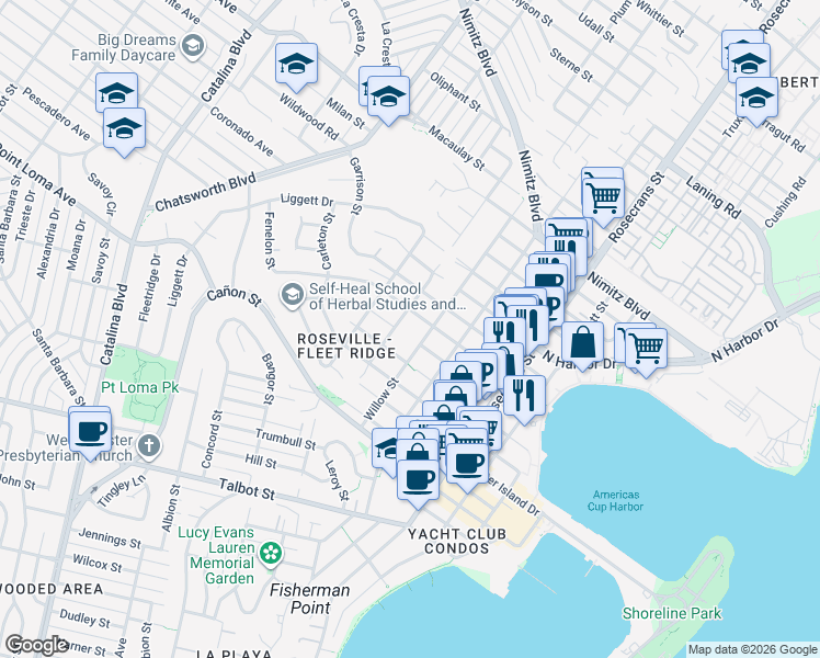 map of restaurants, bars, coffee shops, grocery stores, and more near 3327 Fenelon Street in San Diego