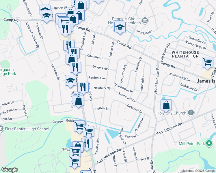 map of restaurants, bars, coffee shops, grocery stores, and more near 1056 Pauline Avenue in Charleston