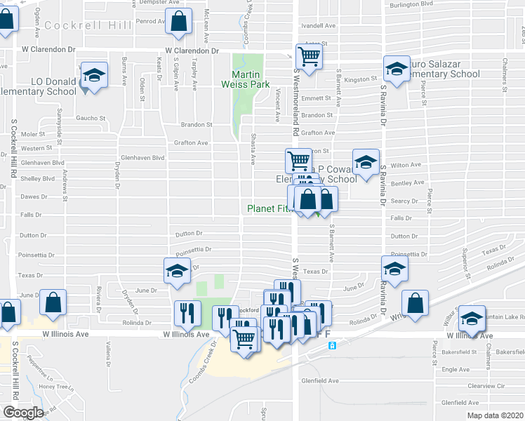 map of restaurants, bars, coffee shops, grocery stores, and more near 3338 Dawes Drive in Dallas