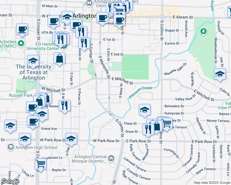map of restaurants, bars, coffee shops, grocery stores, and more near 302 Rose Street in Arlington
