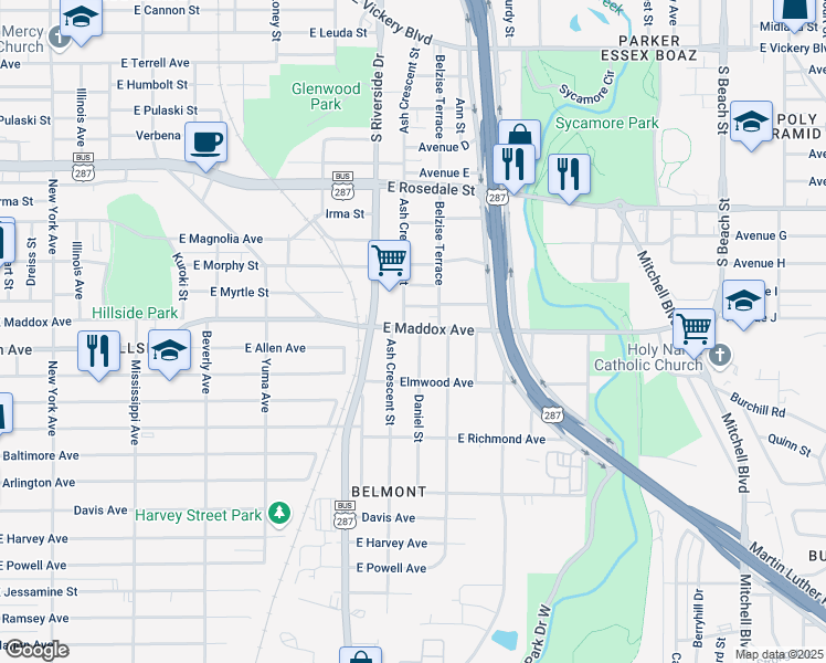 map of restaurants, bars, coffee shops, grocery stores, and more near 1901 East Maddox Avenue in Fort Worth